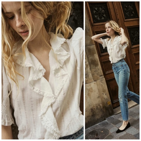 Dôen Henri Top Salt White Cotton Ruffle Button Blouse